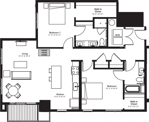 Floor plan for 2 beds, 2 baths, 1314 sqft